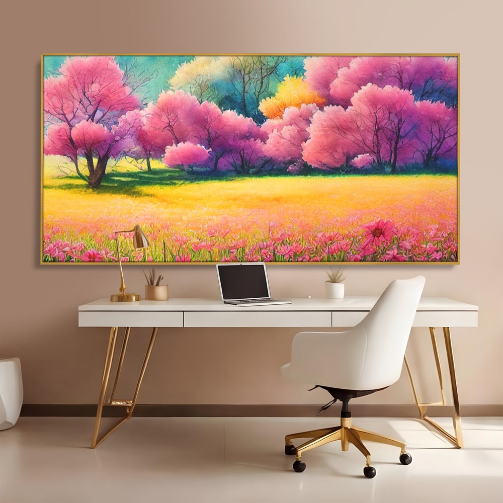 Tablou canvas cu tablou canvas cu peisaj de primavara, in rama de aluminiu auriu, pe perete intr-un birou
