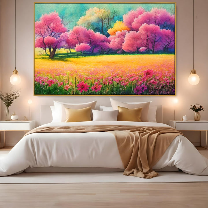 Tablou canvas cu tablou canvas cu peisaj de primavara, in rama de aluminiu auriu, pe perete intr-un dormitor