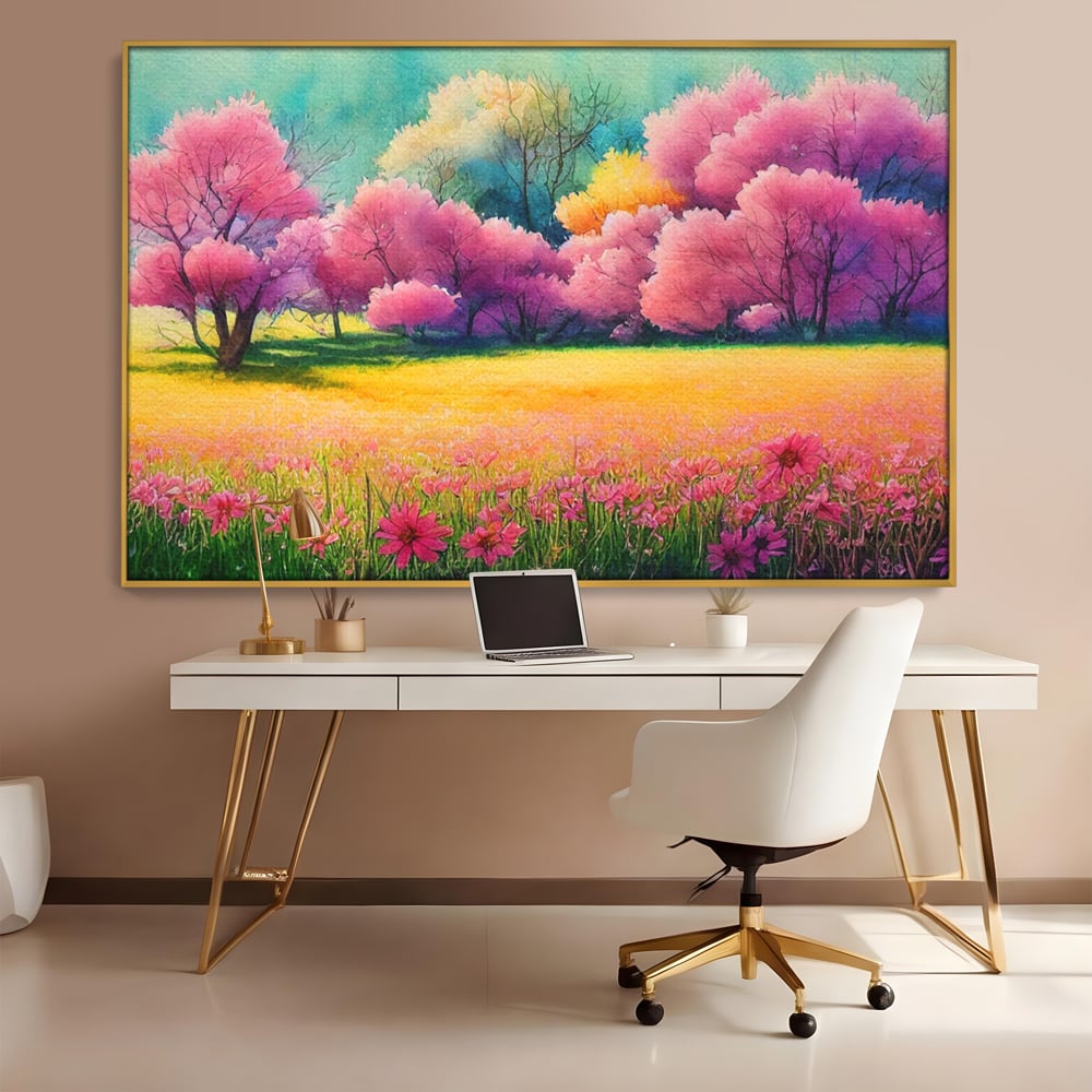 Tablou canvas cu tablou canvas cu peisaj de primavara, in rama de aluminiu auriu, pe perete intr-un birou