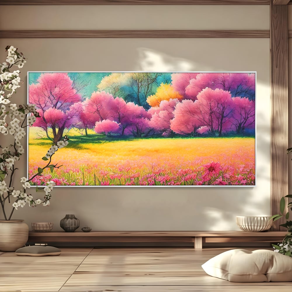 Tablou canvas cu tablou canvas cu peisaj de primavara, in rama de aluminiu argintiu