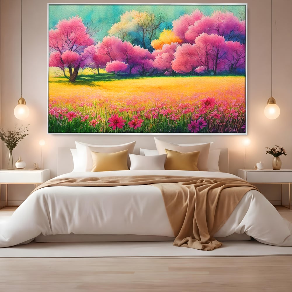 Tablou canvas cu tablou canvas cu peisaj de primavara, in rama de aluminiu argintiu, pe perete intr-un dormitor