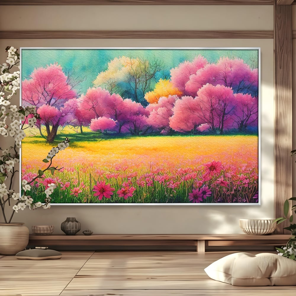 Tablou canvas cu tablou canvas cu peisaj de primavara, in rama de aluminiu argintiu