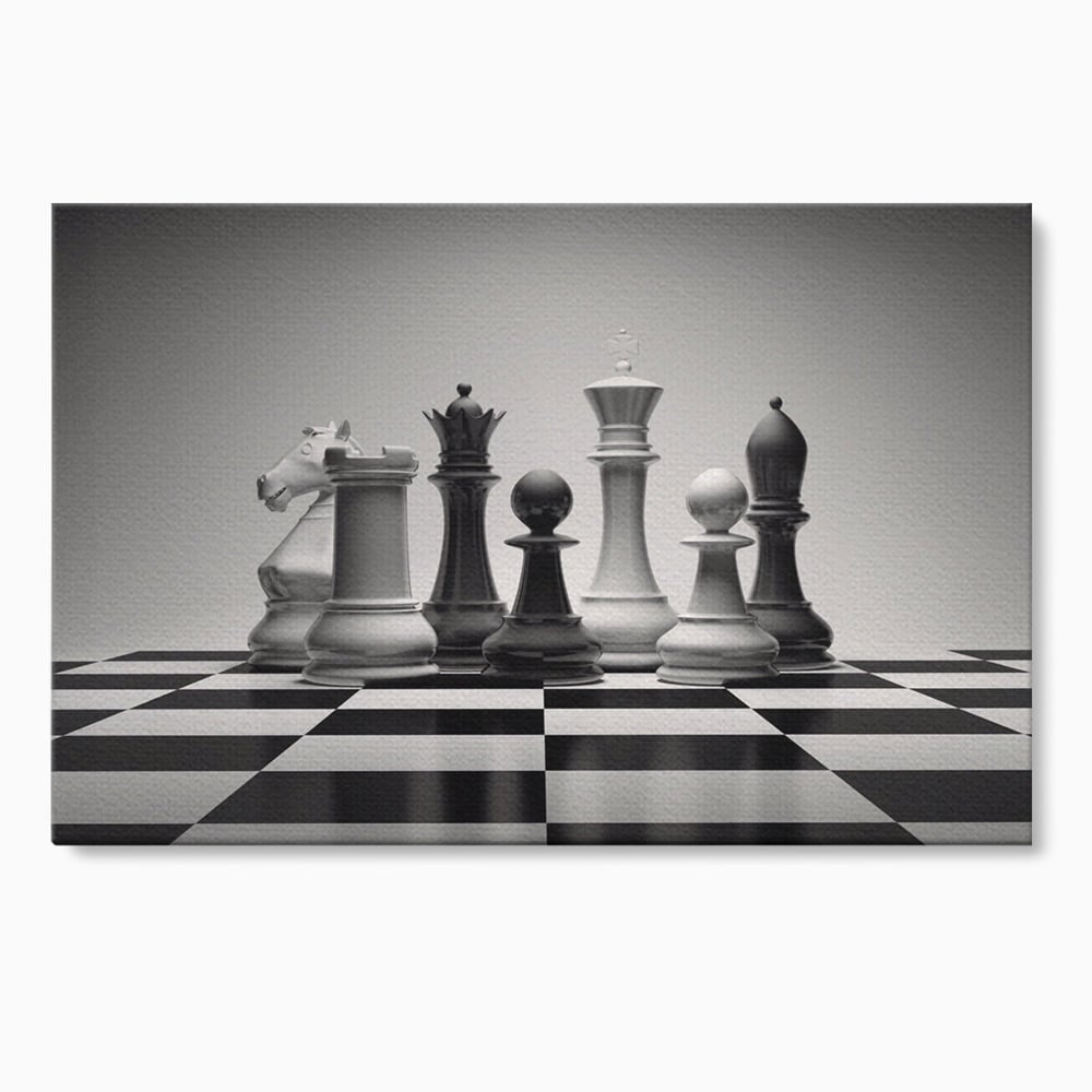 Tablou canvas cu tablou canvas cu piese de sah alb-negru, fara rama, pe sasiu de lemn