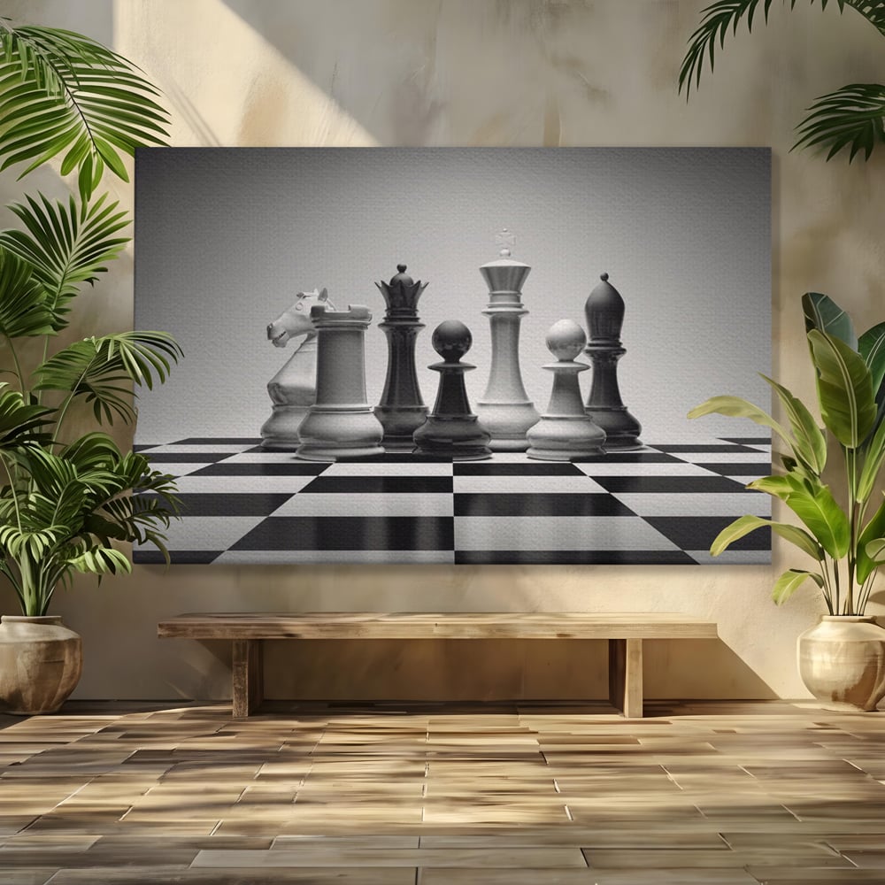 Tablou canvas cu tablou canvas cu piese de sah alb-negru, fara rama, pe sasiu de lemn