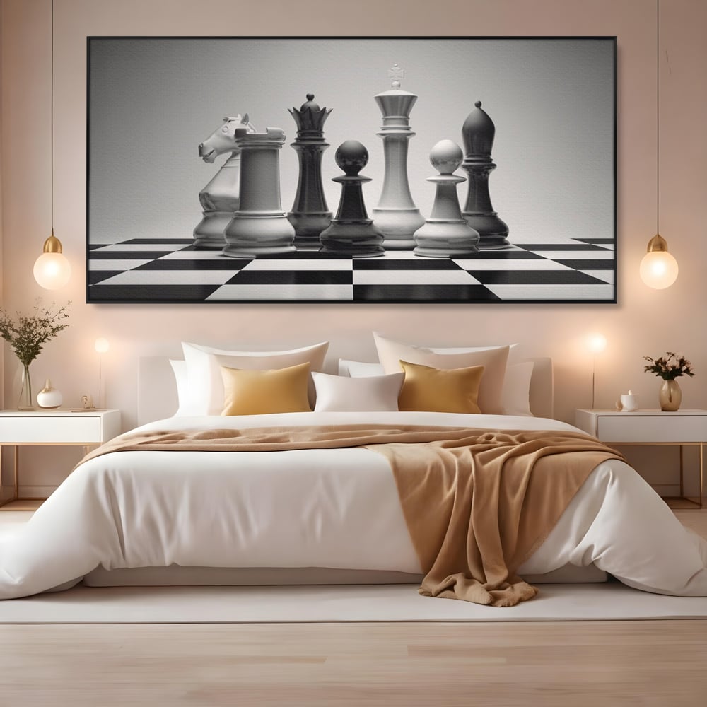 Tablou canvas cu tablou canvas cu piese de sah alb-negru, in rama de aluminiu negru, pe perete intr-un dormitor