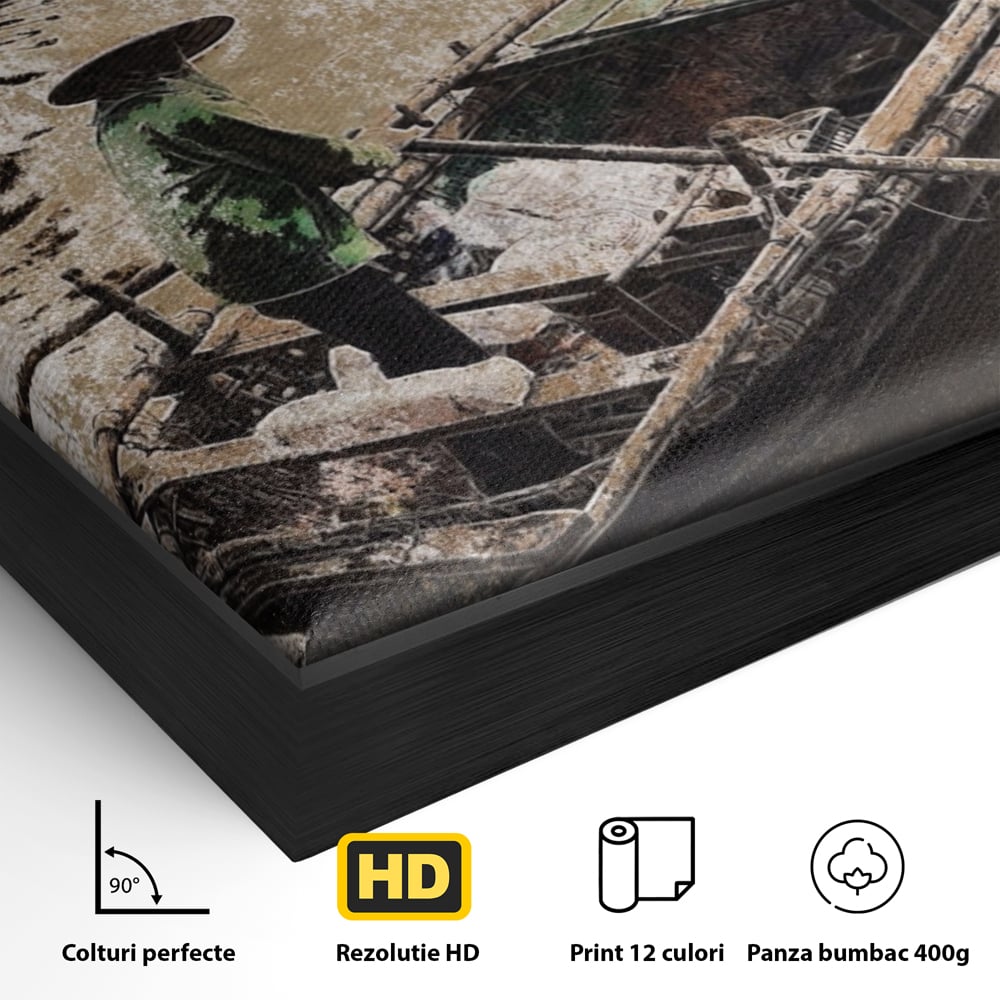 Detaliu al suprafetei: tablou canvas cu pescar pe barca, in rama de aluminiu negru