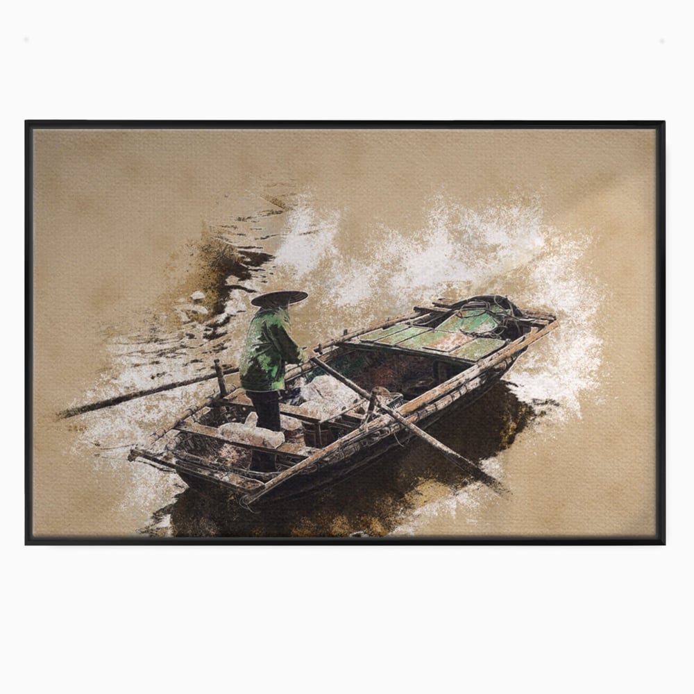 Tablou canvas cu tablou canvas cu pescar pe barca, in rama de aluminiu negru