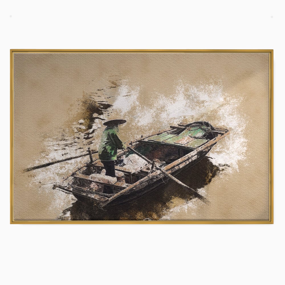 Tablou canvas cu tablou canvas cu pescar pe barca, in rama de aluminiu auriu