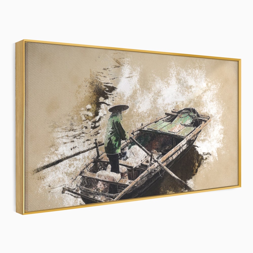 Tablou canvas cu tablou canvas cu pescar pe barca, in rama de aluminiu auriu