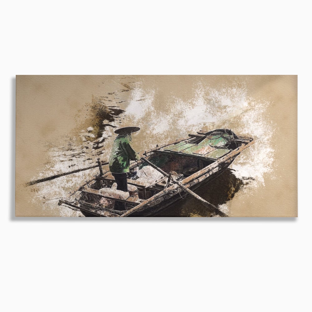 Tablou canvas cu tablou canvas cu pescar pe barca, fara rama, pe sasiu de lemn
