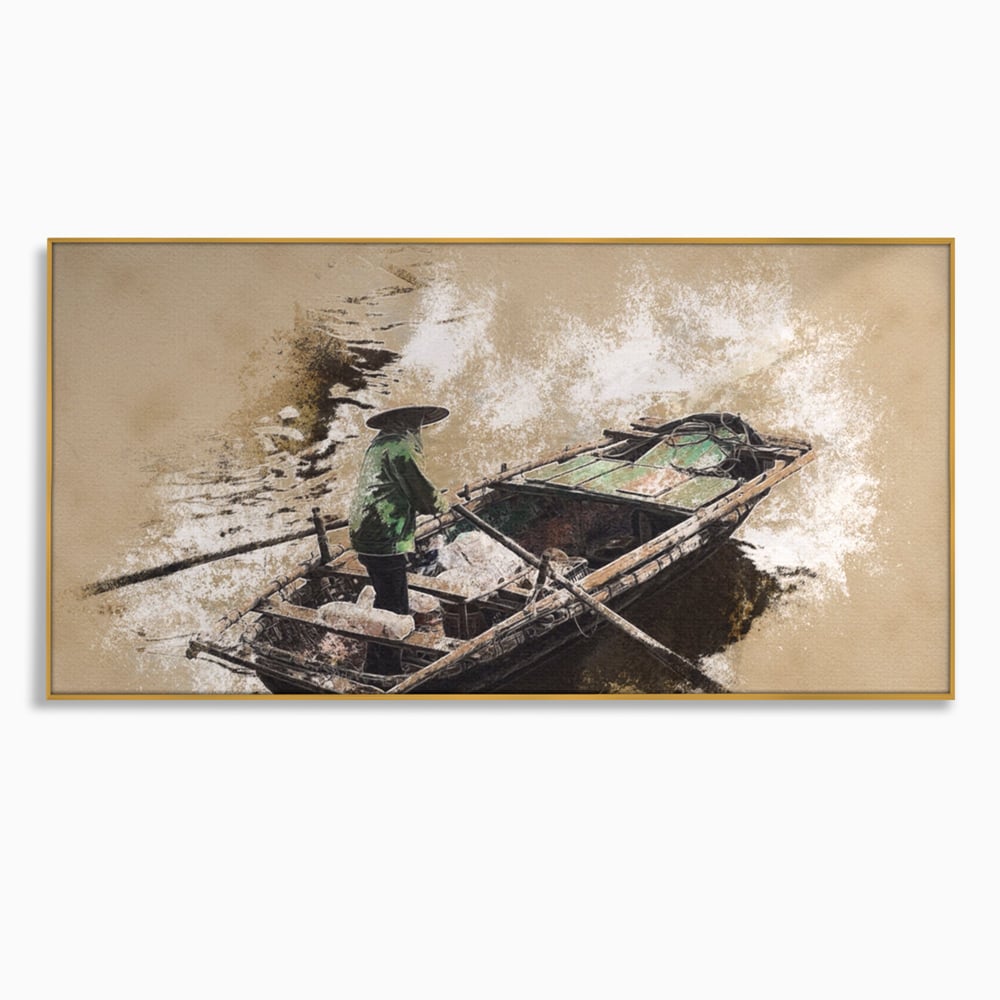 Tablou canvas cu tablou canvas cu pescar pe barca, in rama de aluminiu auriu