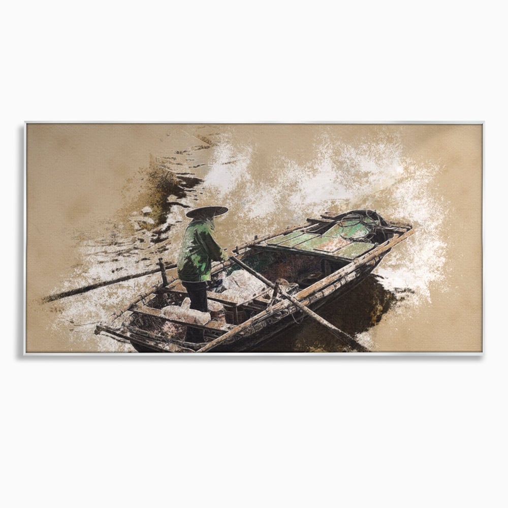 Tablou canvas cu tablou canvas cu pescar pe barca, in rama de aluminiu argintiu