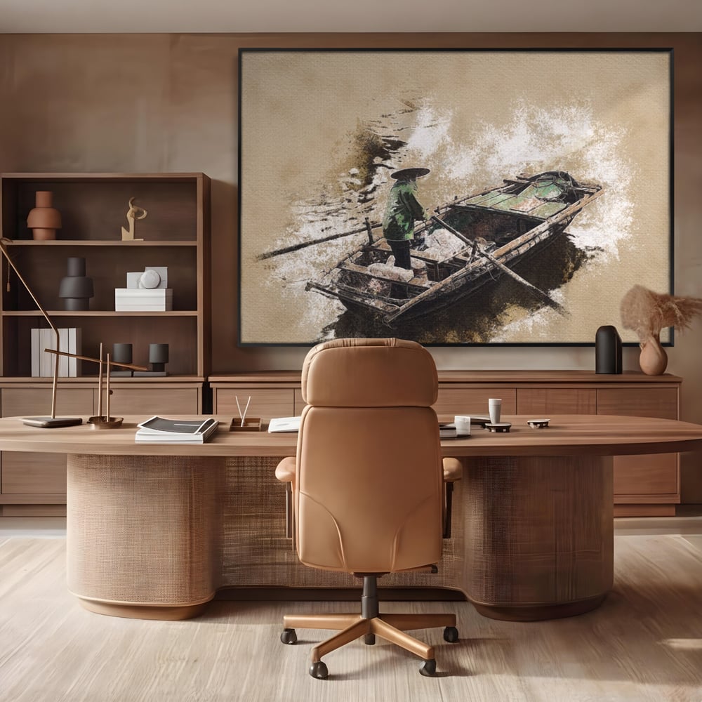 Tablou canvas cu tablou canvas cu pescar pe barca, in rama de aluminiu negru, pe perete intr-un birou