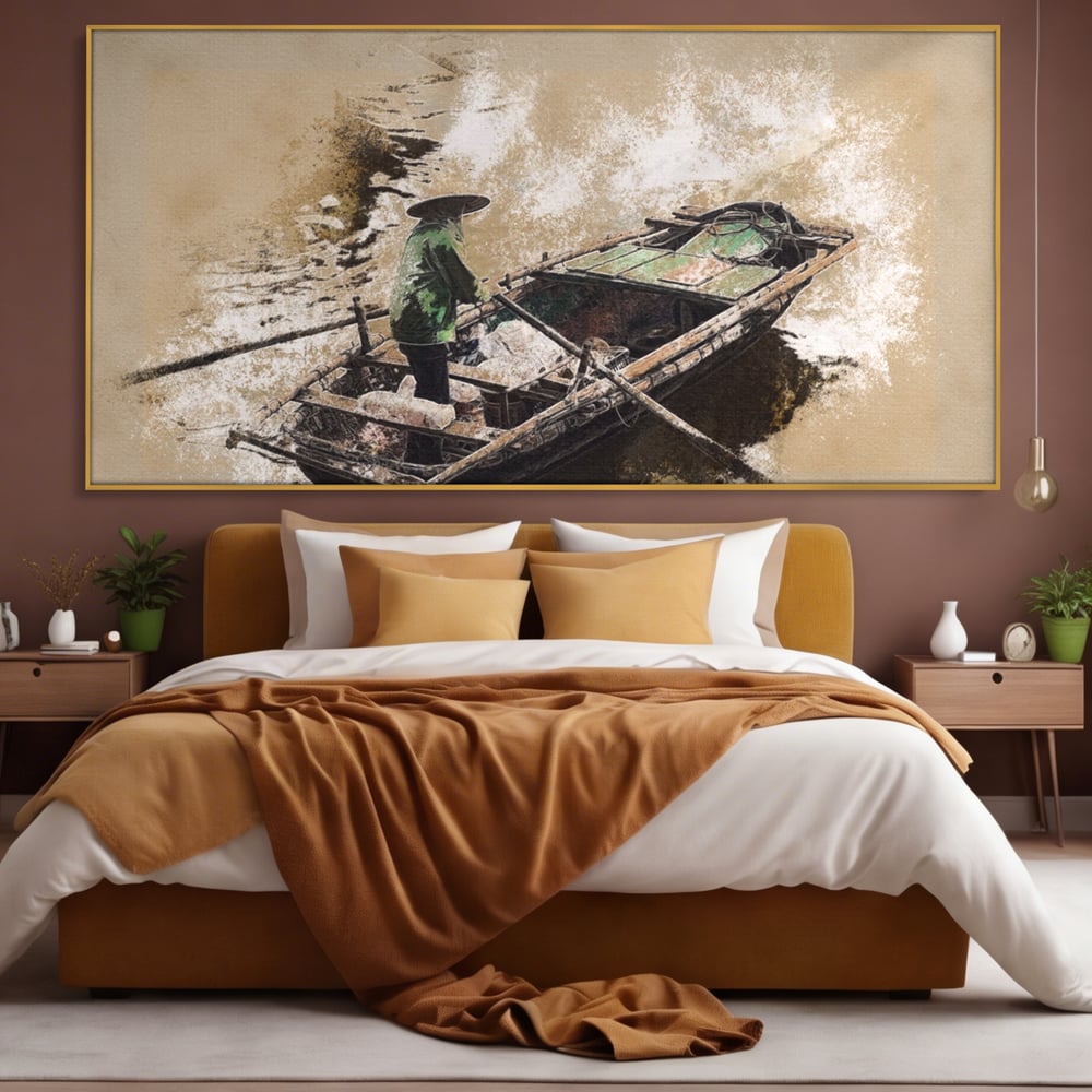 Tablou canvas cu tablou canvas cu pescar pe barca, in rama de aluminiu auriu, pe perete intr-un dormitor