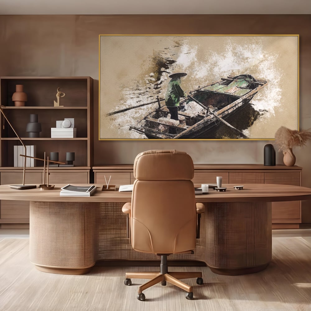 Tablou canvas cu tablou canvas cu pescar pe barca, in rama de aluminiu auriu, pe perete intr-un birou