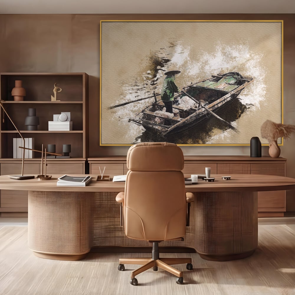 Tablou canvas cu tablou canvas cu pescar pe barca, in rama de aluminiu auriu, pe perete intr-un birou