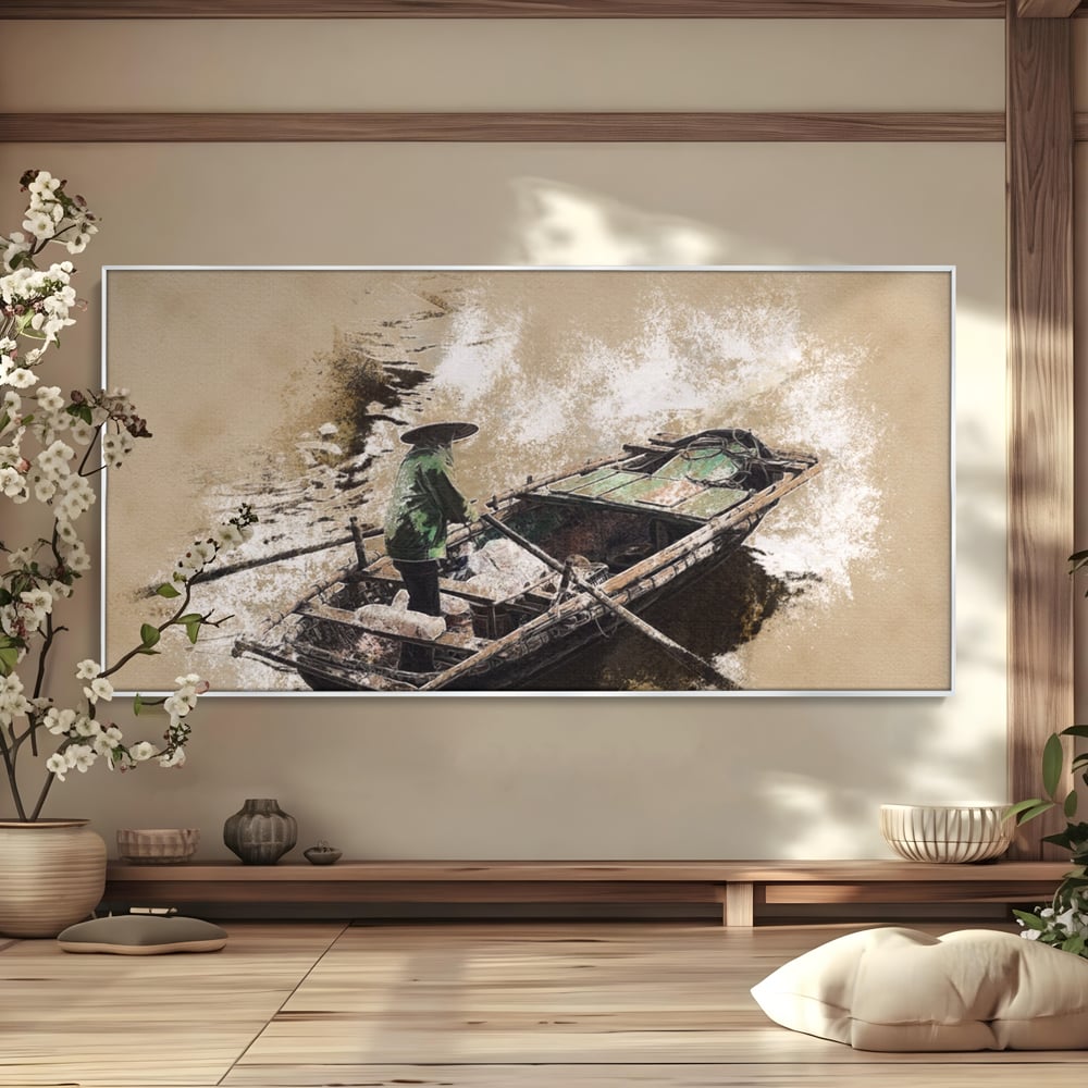 Tablou canvas cu tablou canvas cu pescar pe barca, in rama de aluminiu argintiu