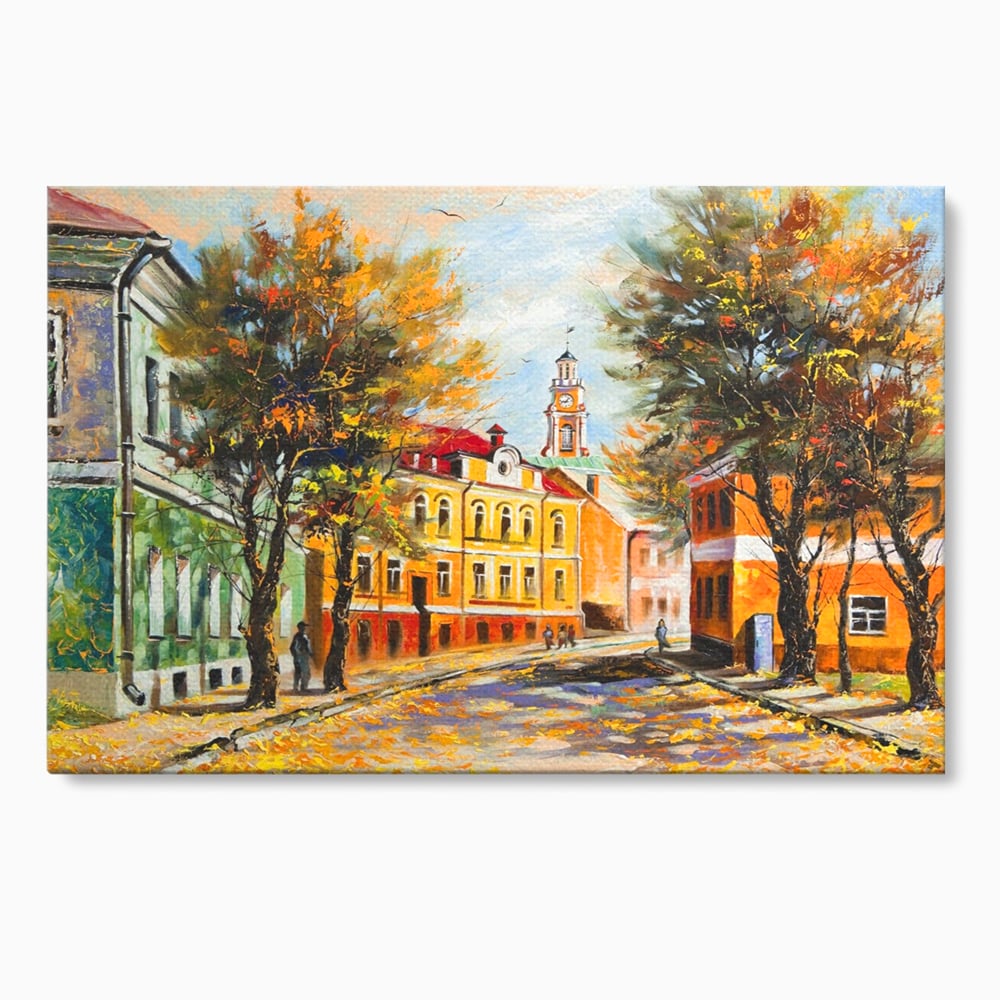 Tablou canvas cu pictura stradala cu peisaj de toamna, fara rama, pe sasiu de lemn