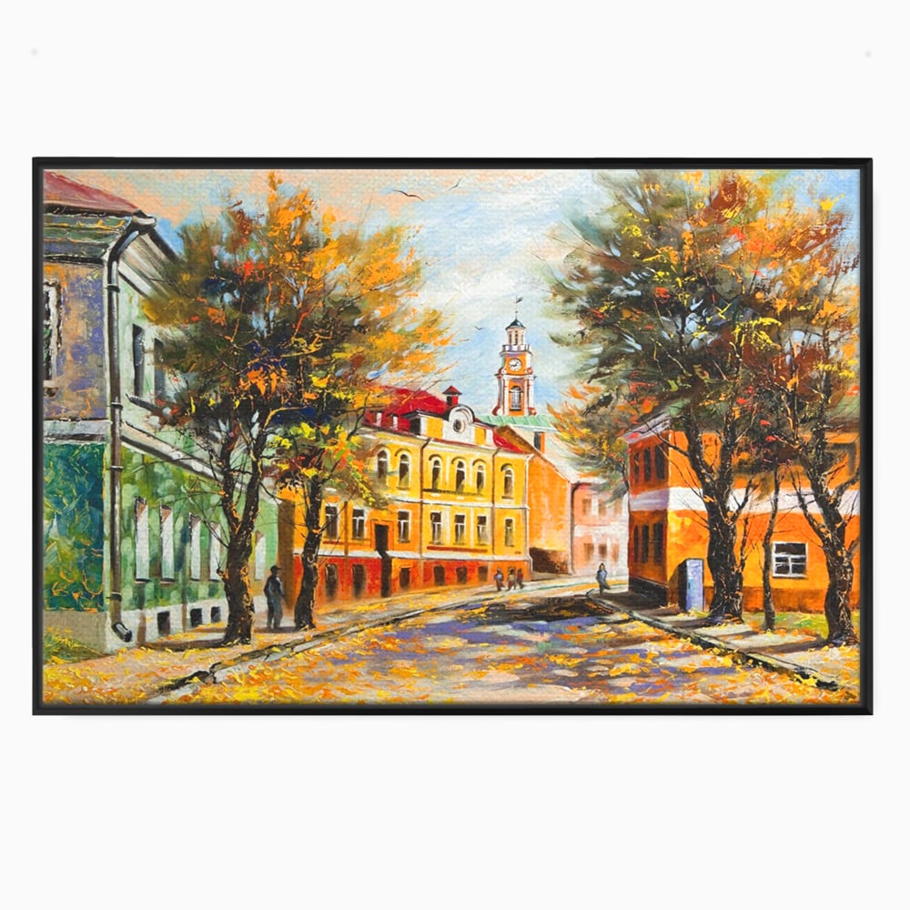 Tablou canvas cu pictura stradala cu peisaj de toamna, in rama de aluminiu negru