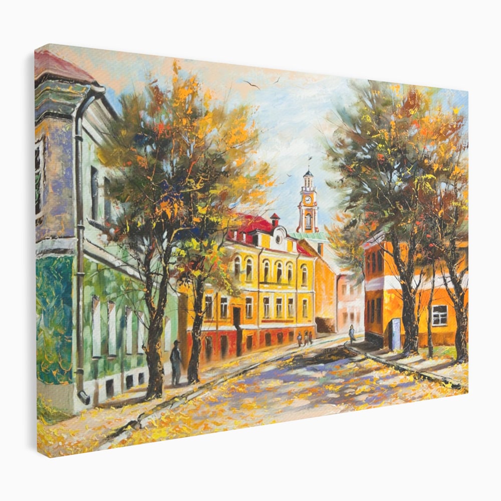 Tablou canvas cu pictura stradala cu peisaj de toamna, fara rama, pe sasiu de lemn