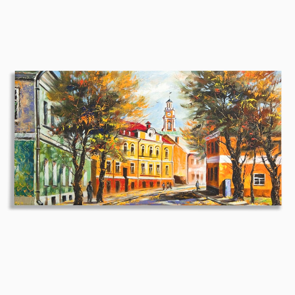 Tablou canvas cu pictura stradala cu peisaj de toamna, fara rama, pe sasiu de lemn