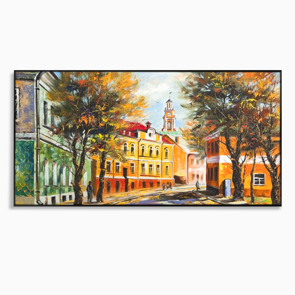 Tablou canvas cu pictura stradala cu peisaj de toamna, in rama de aluminiu negru