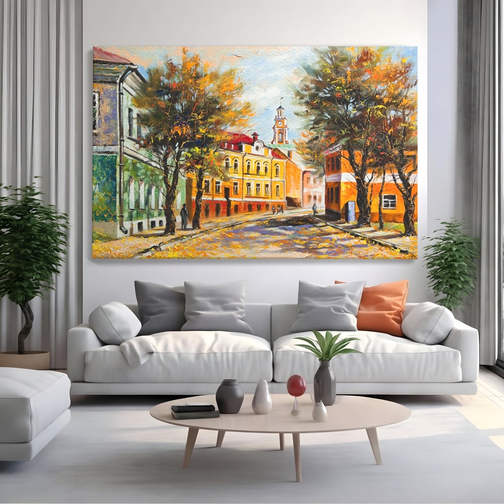 Tablou canvas cu pictura stradala cu peisaj de toamna, fara rama, pe sasiu de lemn, pe perete intr-un living