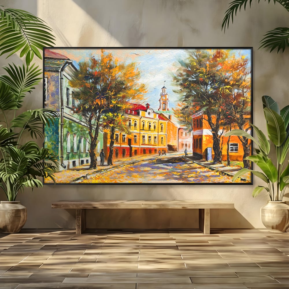 Tablou canvas cu pictura stradala cu peisaj de toamna, in rama de aluminiu negru