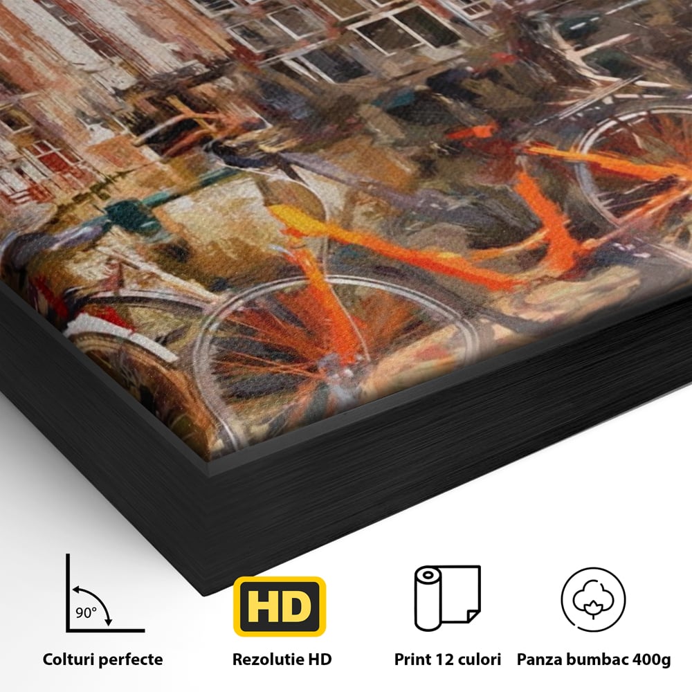 Detaliu al suprafetei: tablou canvas cu bicicleta portocalie pe malul canalului, in rama de aluminiu negru