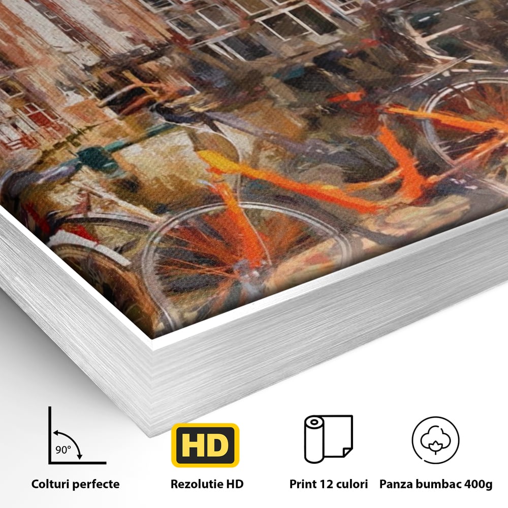 Detaliu al suprafetei: tablou canvas cu bicicleta portocalie pe malul canalului, in rama de aluminiu argintiu