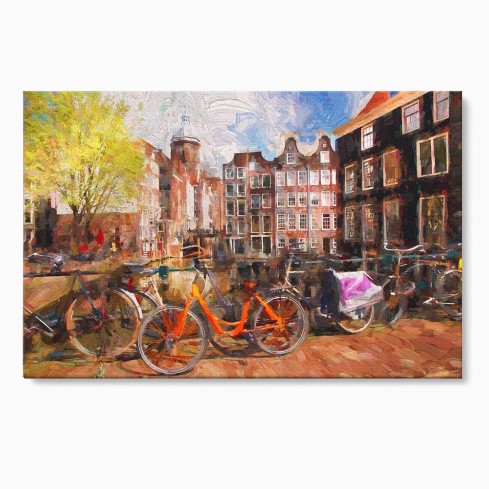Tablou canvas cu tablou canvas cu bicicleta portocalie pe malul canalului, fara rama, pe sasiu de lemn