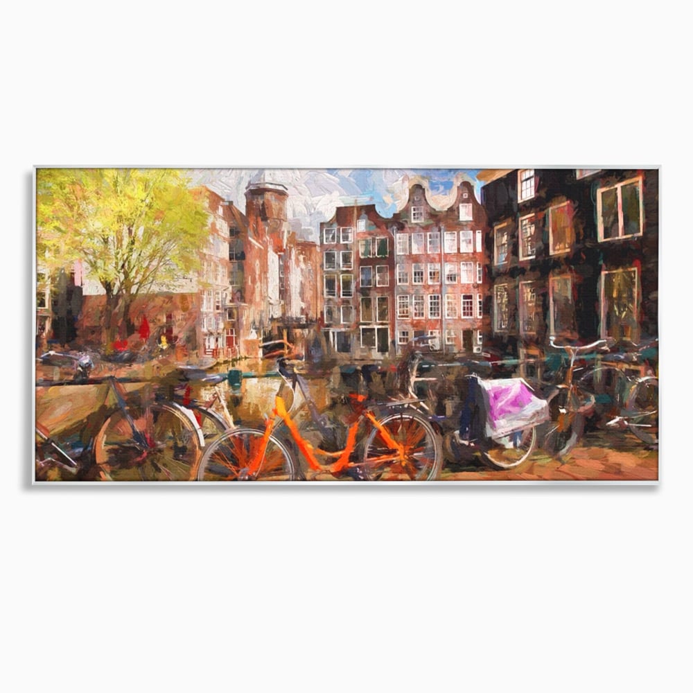 Tablou canvas cu tablou canvas cu bicicleta portocalie pe malul canalului, in rama de aluminiu argintiu