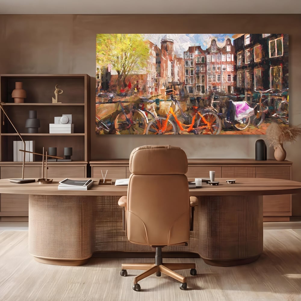 Tablou canvas cu tablou canvas cu bicicleta portocalie pe malul canalului, fara rama, pe sasiu de lemn, pe perete intr-un birou