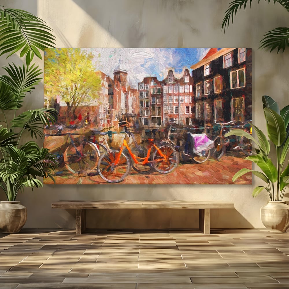 Tablou canvas cu tablou canvas cu bicicleta portocalie pe malul canalului, fara rama, pe sasiu de lemn