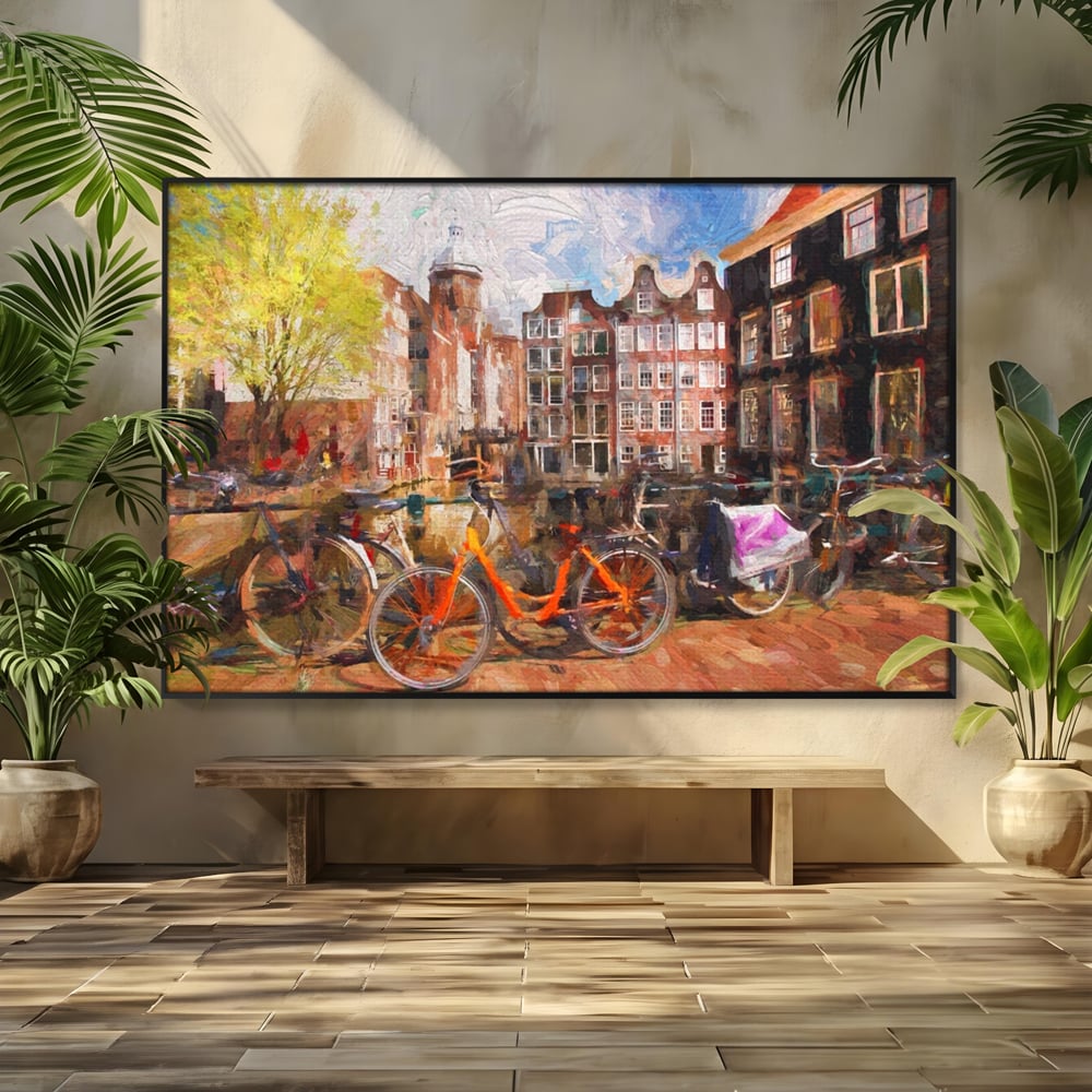 Tablou canvas cu tablou canvas cu bicicleta portocalie pe malul canalului, in rama de aluminiu negru