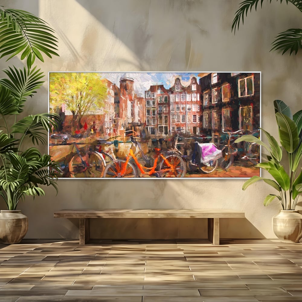 Tablou canvas cu tablou canvas cu bicicleta portocalie pe malul canalului, in rama de aluminiu argintiu