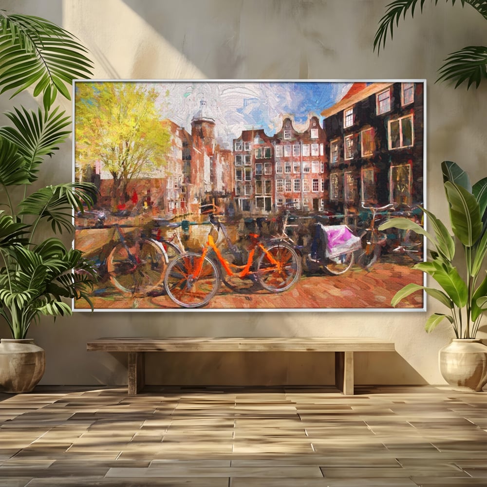Tablou canvas cu tablou canvas cu bicicleta portocalie pe malul canalului, in rama de aluminiu argintiu
