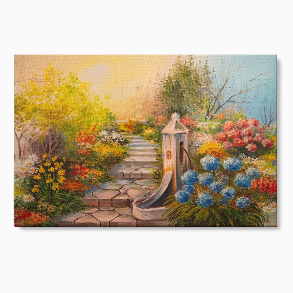 Tablou canvas cu pictura decorativa cu alee florala si fantana, fara rama, pe sasiu de lemn