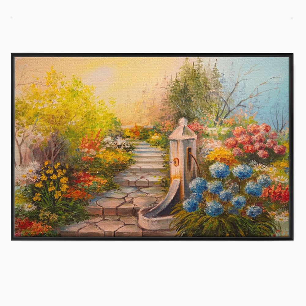 Tablou canvas cu pictura decorativa cu alee florala si fantana, in rama de aluminiu negru