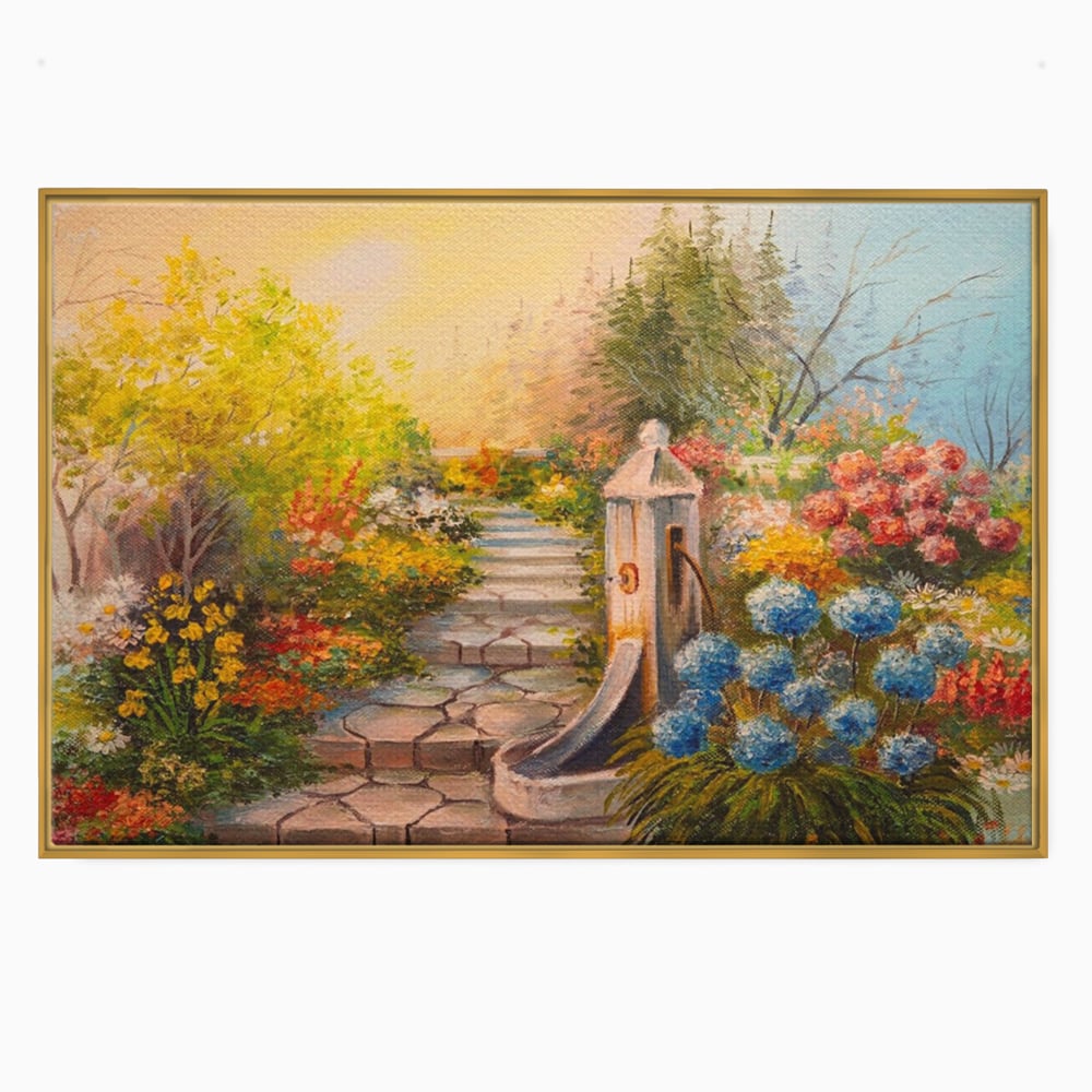 Tablou canvas cu pictura decorativa cu alee florala si fantana, in rama de aluminiu auriu