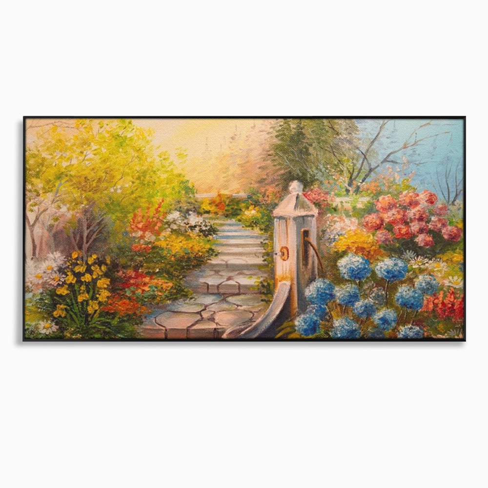 Tablou canvas cu pictura decorativa cu alee florala si fantana, in rama de aluminiu negru