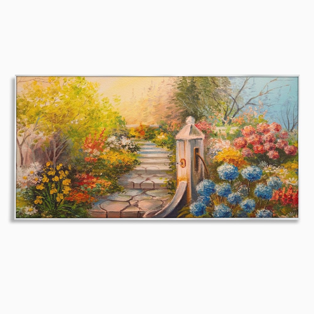 Tablou canvas cu pictura decorativa cu alee florala si fantana, in rama de aluminiu argintiu