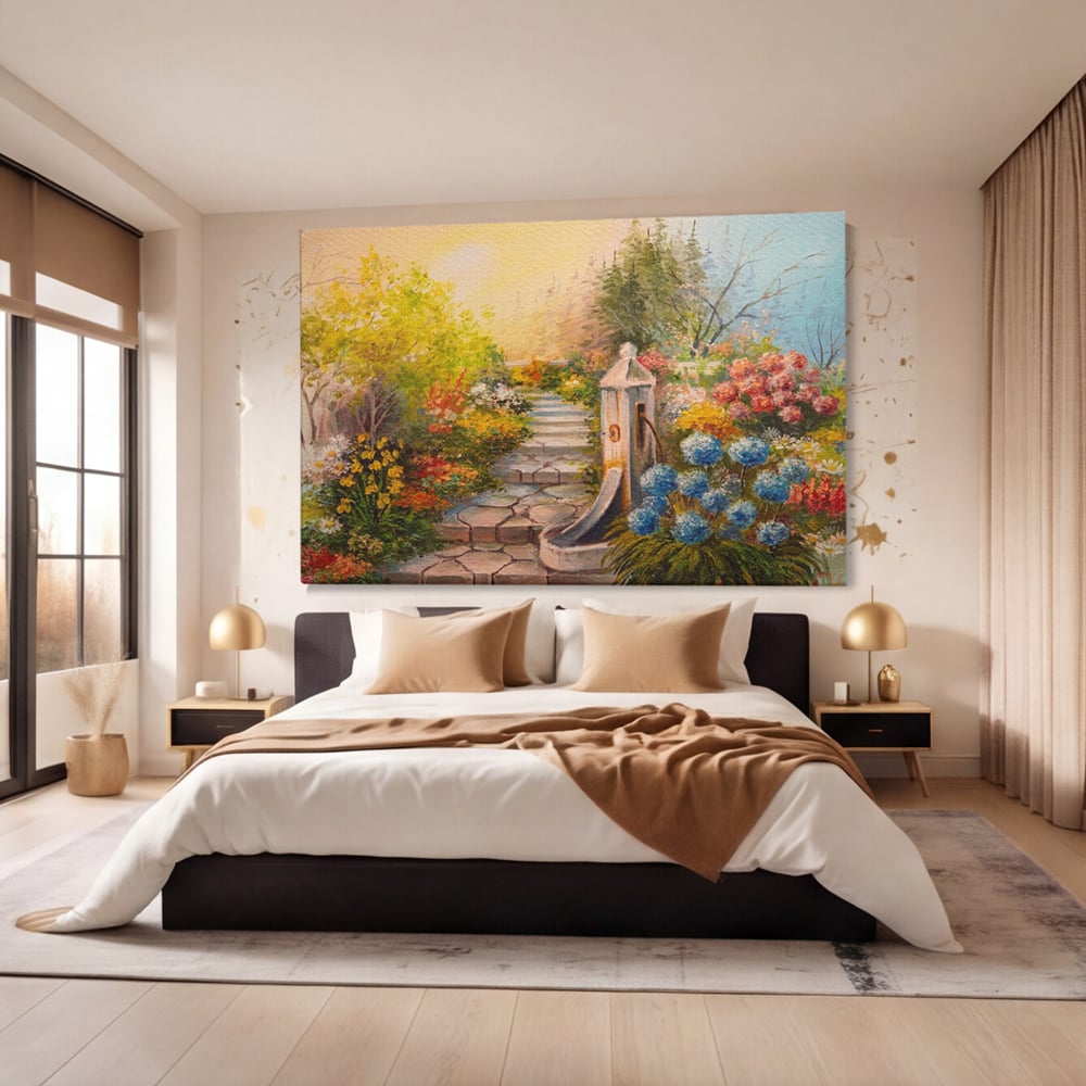 Tablou canvas cu pictura decorativa cu alee florala si fantana, fara rama, pe sasiu de lemn, pe perete intr-un dormitor