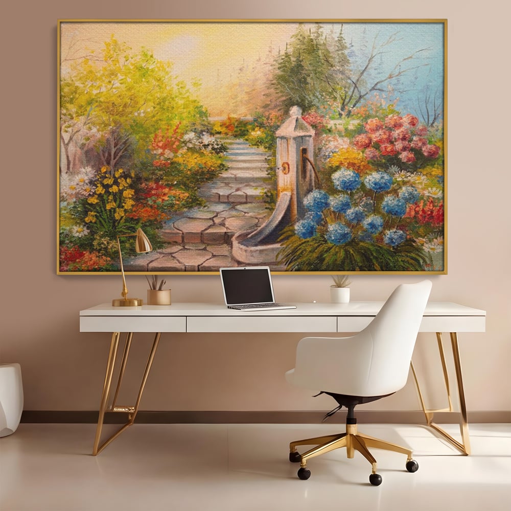 Tablou canvas cu pictura decorativa cu alee florala si fantana, in rama de aluminiu auriu, pe perete intr-un birou