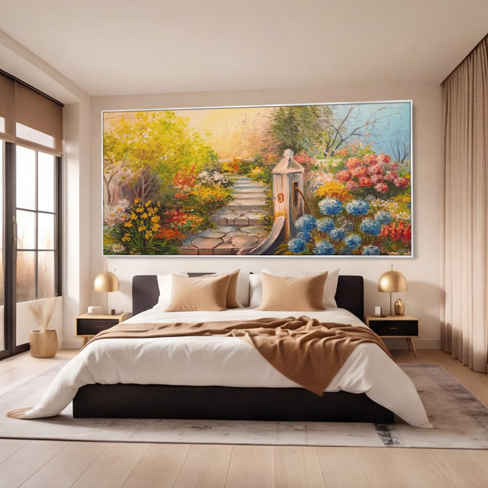 Tablou canvas cu pictura decorativa cu alee florala si fantana, in rama de aluminiu argintiu, pe perete intr-un dormitor