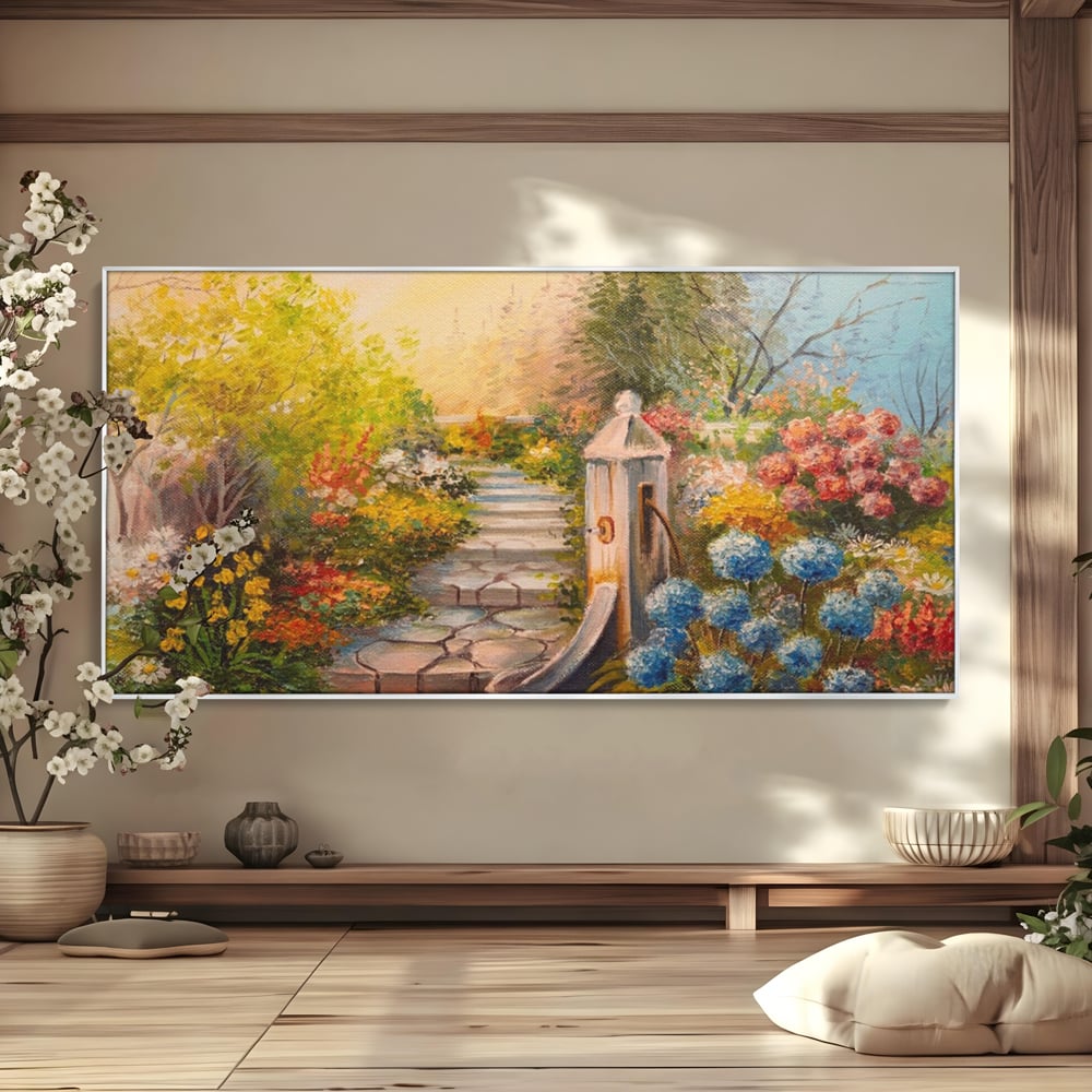Tablou canvas cu pictura decorativa cu alee florala si fantana, in rama de aluminiu argintiu