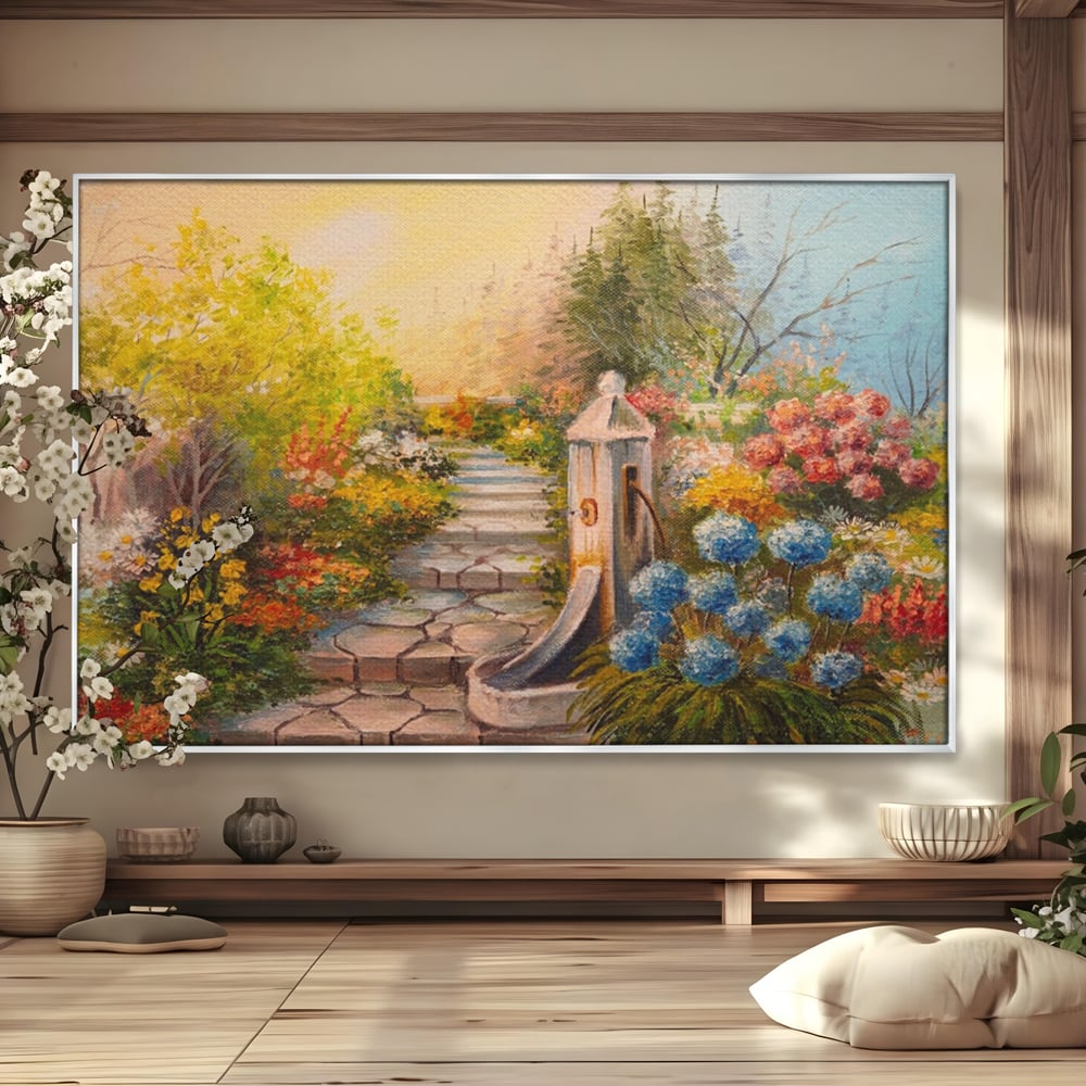 Tablou canvas cu pictura decorativa cu alee florala si fantana, in rama de aluminiu argintiu