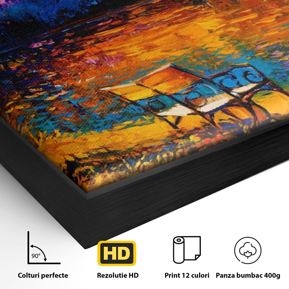 Detaliu al suprafetei: tablou canvas cu peisaj si banca langa lac, in rama de aluminiu negru