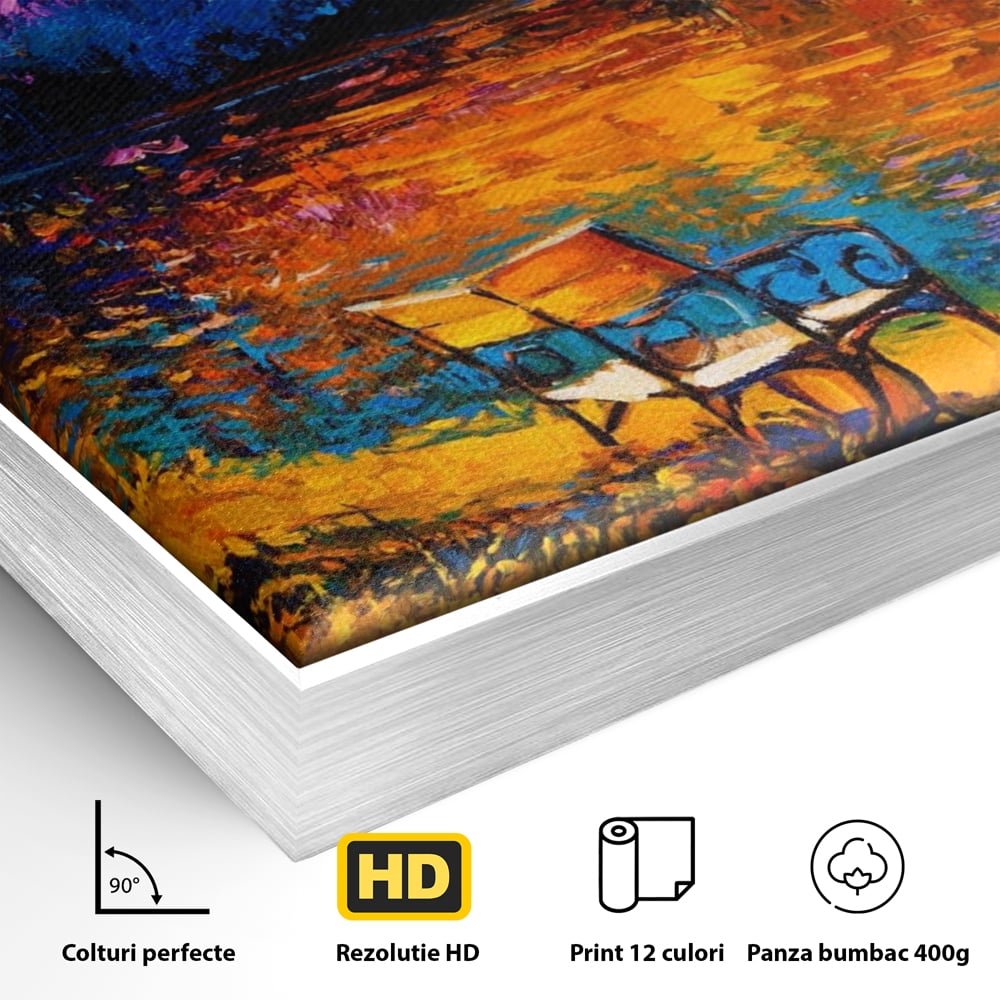 Detaliu al suprafetei: tablou canvas cu peisaj si banca langa lac, in rama de aluminiu argintiu