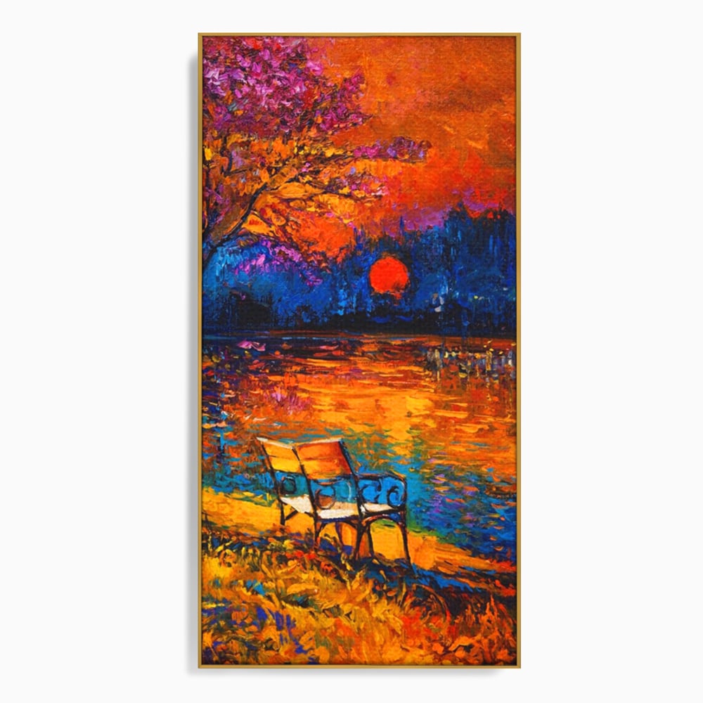 Tablou canvas cu tablou canvas cu peisaj si banca langa lac, in rama de aluminiu auriu